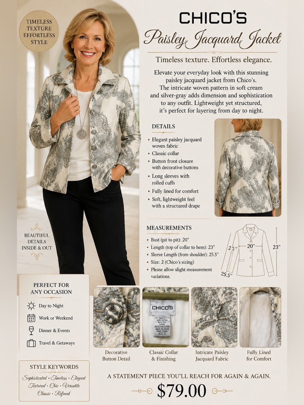 Chico's White and Gray Quilted Paisley Jacket
